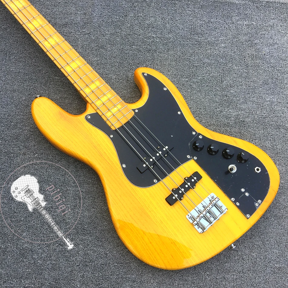 Free delivery, electric bass guitar, yellow elm body, maple straight