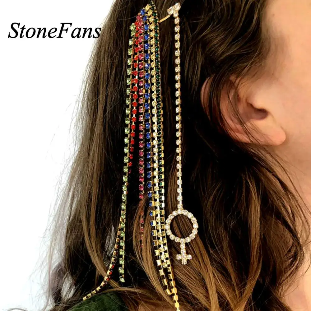 

StoneFans Colorful Rainbow Wedding Hair Combs Hair Accessories Gold ins Fashion Hair Chain Rhinestone Clip for Wedding Bridal