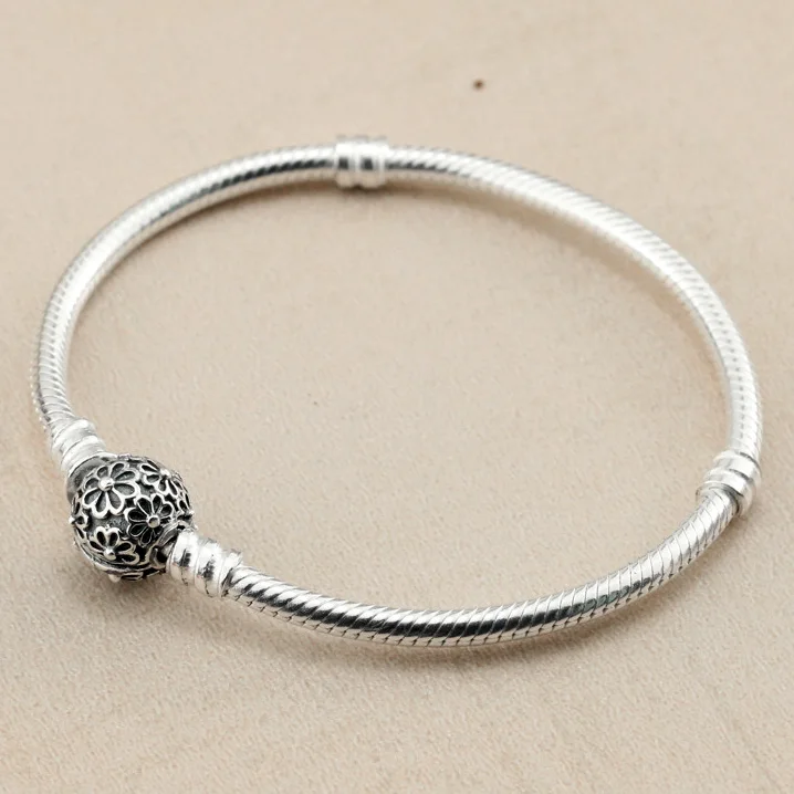 

Authenetic 925 Sterling Silver Bracelet Daisy Flower Clasp Snake Chain Basic Bracelets Bangle Fit Bead Charm DIY Jewelry