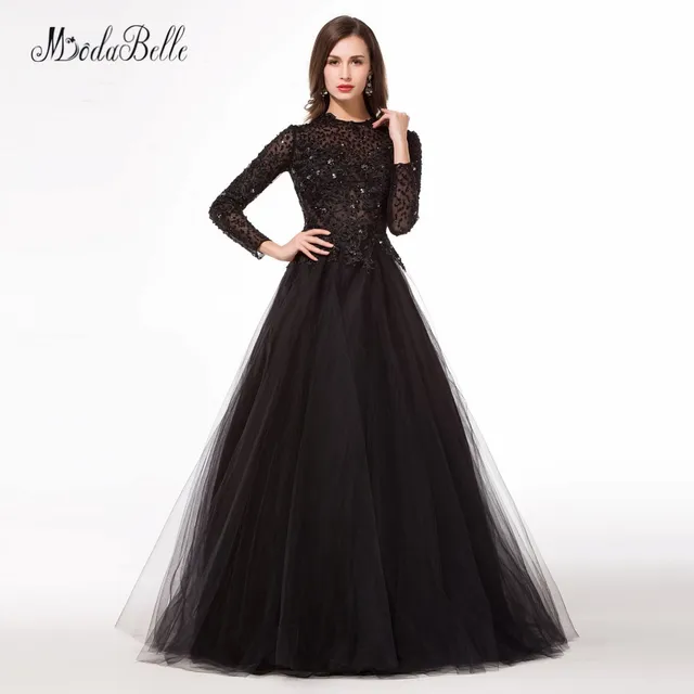 modabelle Long Sleeves Black Prom Dress Vestido Fiesta Largo Tulle Vintage Lace Beaded Saudi Arabic Formal Dress