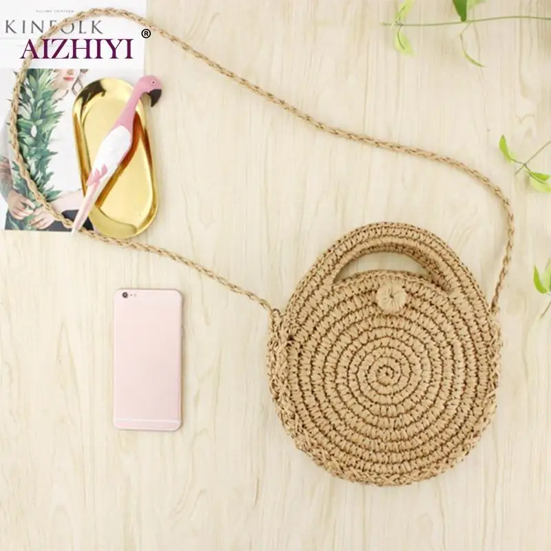 

Women Straw Retro Round Shoulder Handbags Girls Zipper Summer Beach Travel Casual Samll Crossbody Messenger Bag Fashion Portable