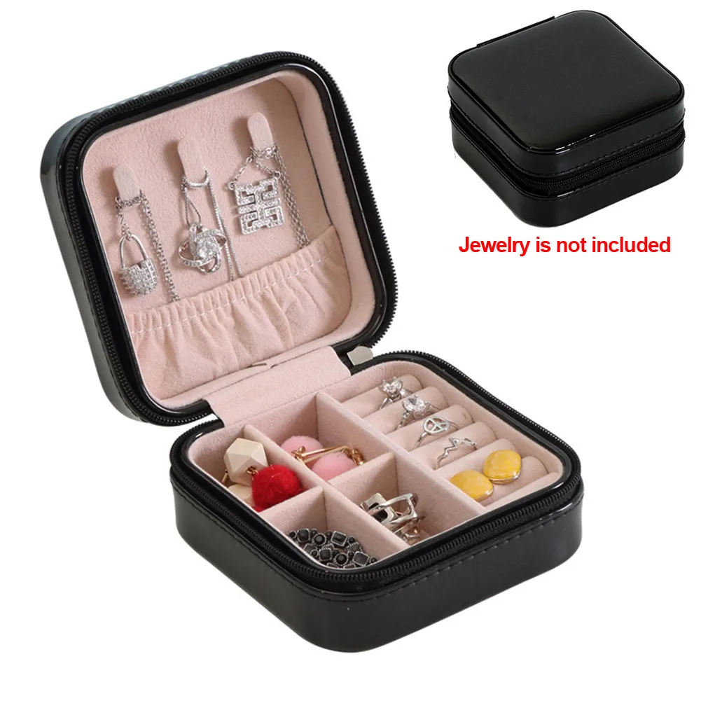 Portable Women Jewelry Organizer with Zipper PU leather Ring Earring Storage Case Necklaces Bracelet Display Box Travel Case - Цвет: Черный