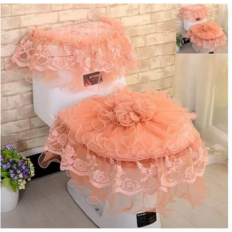 

Bathroom Zipper 3-piece Set Orange Lace Toilet Seat Cover Beautiful Warmer Pad Toilet Mat Washable Cloth Toilet Seat Cover Mat