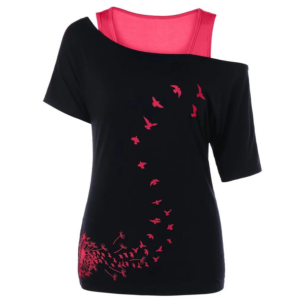 Летняя женская повседневная Сексуальная футболка с открытыми плечами и круглым вырезом, футболка с принтом одуванчиков и открытыми плечами+ одноцветные Топы L0419