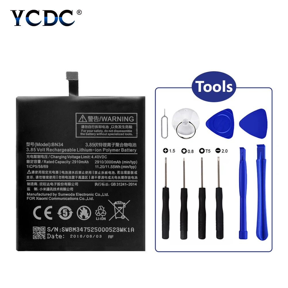 

YCDC BN34 BN 34 BN-34 Phone Rechargeable Replacement Battery For Xiaomi Mi Redmi 5A High Performance 3.85V 3000mAh With Tools