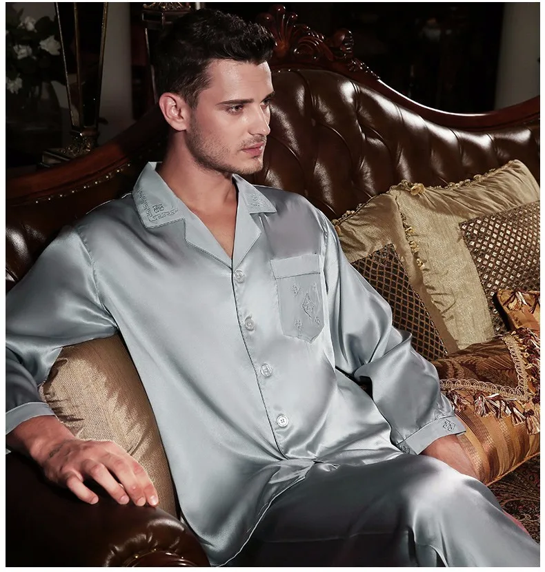 Новинка, весенние мужские шелковые пижамы, высокое качество, натуральный шелк, пижамный комплект со штанами, с длинным рукавом, 2 предмета, одежда для сна, Мужские пижамные костюмы