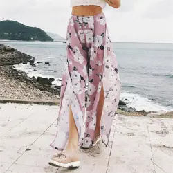 Сексуальные высокие открытым Широкие штаны шифоновые брюки Для женщин 2019 принт цветочный узор эластичный пояс Mid Свободная полная длина