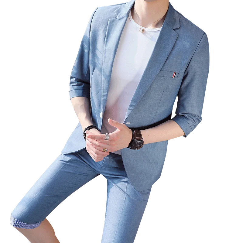 (Front + pants) 2018 spring new suit suit sleeves small West Slim casual two-piece summer five points sleeve men