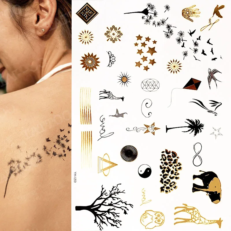 

Minimalist Gold Metallic Temporary Tattoos，Over 25 Tattoo Designs Gold Black Silver (1 Sheets)
