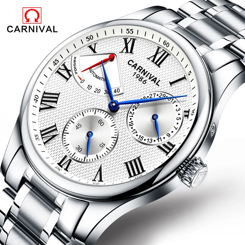 

Carnival Fashion Classic Automatic Mechanical Watch Men Stainless Steel Waterproof Wristwatch Military Male Clock saat erkekler