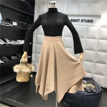 Harujuku/необычная однотонная трикотажная юбка, осенне-зимняя женская юбка с высокой талией, женские длинные юбки средней длины, вязаная юбка, Vestido