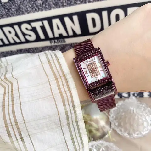 Relógios para as Mulheres Relógio de Pulso de Aço Nobre Roxo Cristais Milanese Pulseira Novidade Fiação Barril Quadrado Relógio Analógico Completo