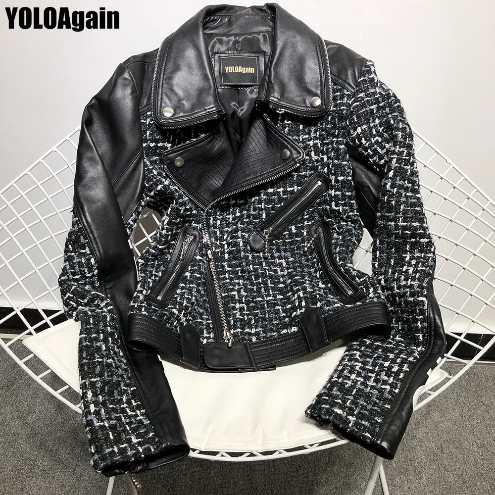 

YOLOAgain Women genuine leather jacket ladies long sleeve zipper black real leather jacket
