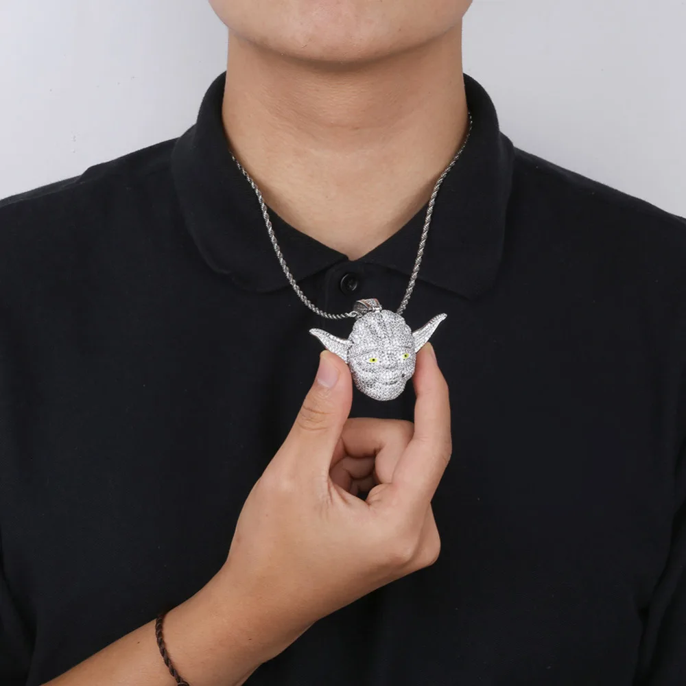 Модные кубические циркониевые ледяные цепи серебряные фильмы Звездные войны 3D Мастер Йода кулон ожерелье хип-хоп ювелирные изделия массивное ожерелье s