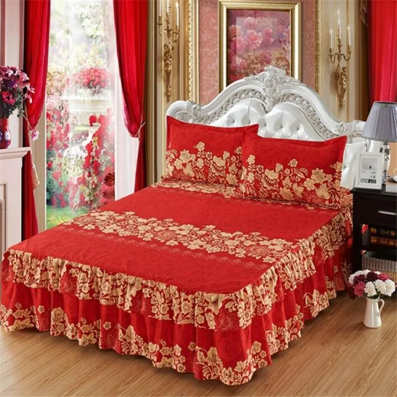 

Flower Pattern Red Brushed Microfiber Ruffled Bed Skirt & 2 Pillowcases Set Twin/Full/Queen/King Size