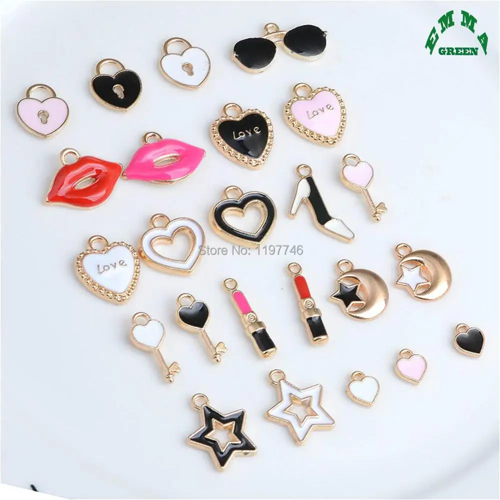 

Gold enamel heart charm enamel charms for jewelry Lock Moon Pink Red Key Charms Jewelry Making charms Lip Lipstick Charms 10 pcs