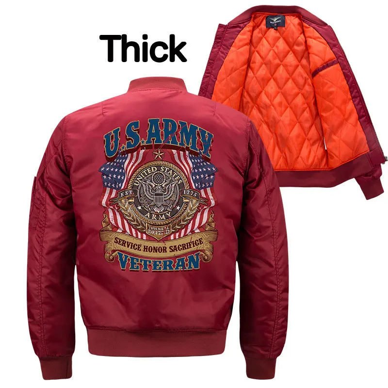 Мужская военная куртка, Американский Ветеран, зимнее теплое толстое пальто, мотоциклетная верхняя одежда, мужская куртка-бомбер, спортивная куртка, размер S-8XL - Цвет: Red