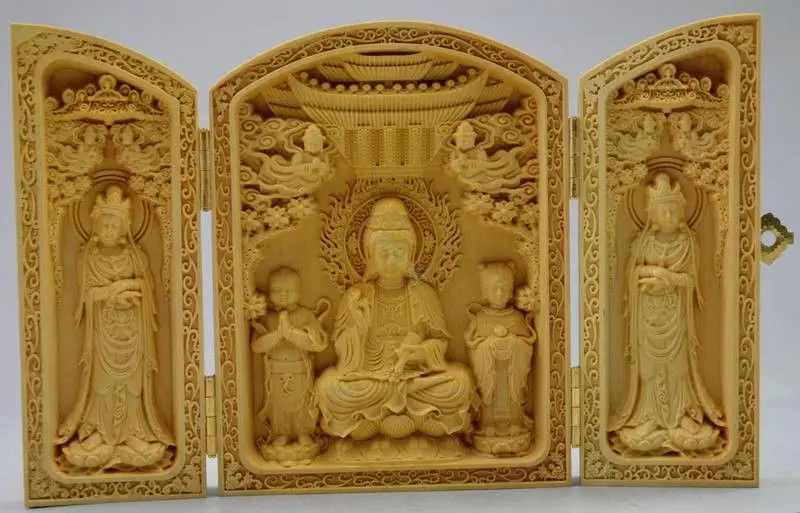 

Decorated 100% Boxwood High Difficulty Carved Folding Box Kwan-yin Buddha Statue