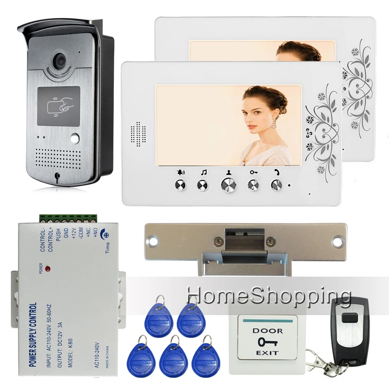 

Home Wired 7" RFID Access Video Door Phone Intercom 2 White Screen With Electric Strike Door Lock + Outdoor Camera FREE SHIPPING