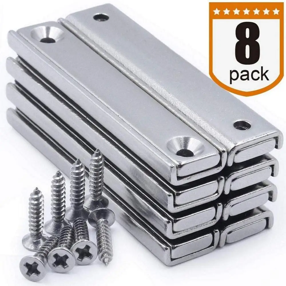 

MIKEDE Strong Neodymium Rectangular Pot Magnets, Countersunk Hole Magnets with Mounting Screws - 60x13.5x5mm, Pack of 8