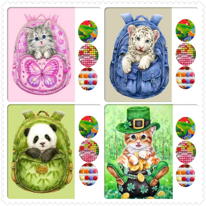 

5D Diy diamond painting Schoolbag Kitten Round Diamond mosaic cartoon animals Cross Stitch Kits Diamond Embroidery decoration