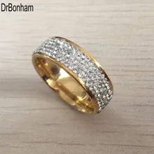 5 Row Crystal Jewelry Wholesale Gold Color Stainless Steel Wedding Rings USA size 7/8/9/10/11/12