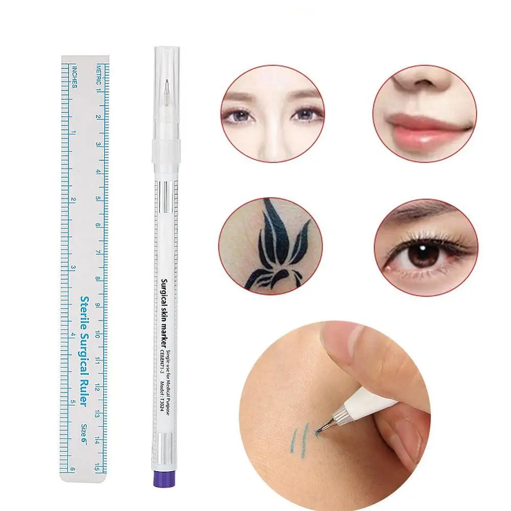 

1Pcs Surgical Skin Marker Eyebrow Marker Pen Tattoo Skin Marker Pen With Measuring Ruler Microblading Positioning Tattoo Tool