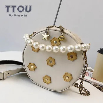

TTOU Fashion Women Round Bag with Pearls Quality Leather Chain Female Circular Shoulder Bag Ladies Crossbody Messenger Bag Sac