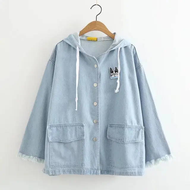 Japanese Kawaii Women Denim Hooded Jacket Autumn Pocket Loose Frayed