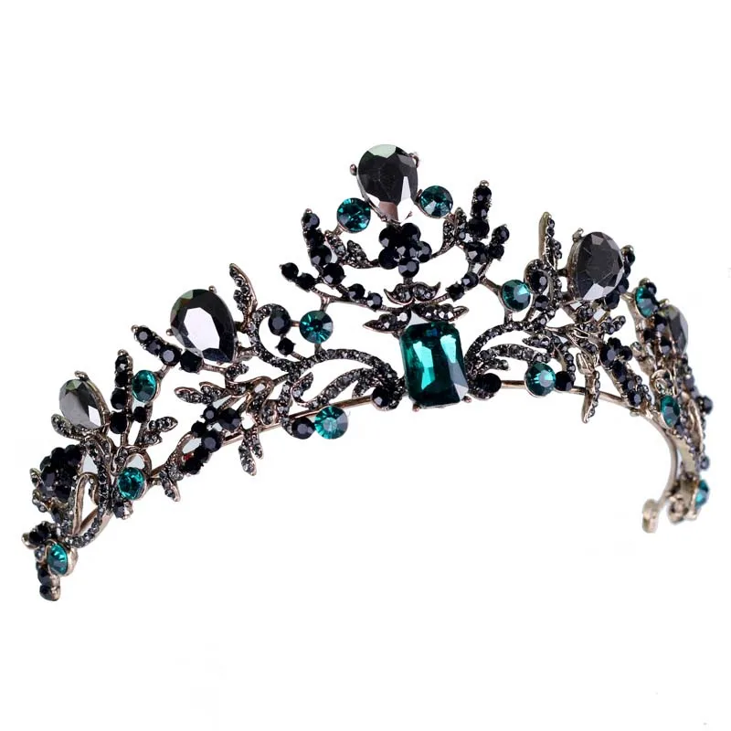 

Vintage Metal Tiara and Crown for Bride Black Rhinestone Green Rhinestone Princess women Diadem Wedding hair Ornaments jewelry
