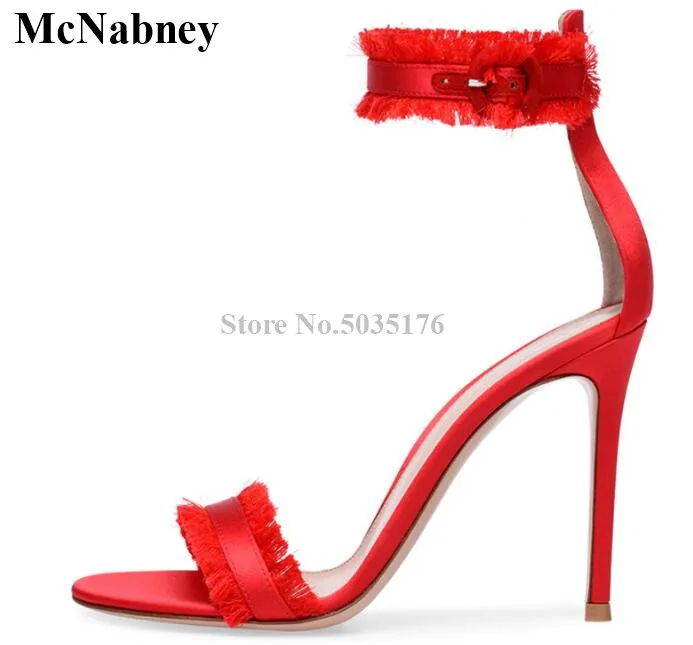 

McNabney Simple Women Sandals Red Silk Ankle Buckle Strap Stiletto Heel Peep Toe Solid Summer Sandals Fashion New Women Shoes