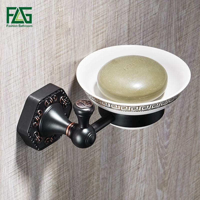 

FLG Soap Dishes Brass Soap Holder Wall Mount Art Carving Black Soap Basket Luxury Bathroom Accessories Metal Soap Box