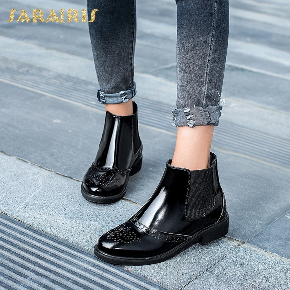 

SARAIRIS Genuine Leather Hot Sale Cow Leather Square Heels Slip On Ankle Boots Women Shoes Woman Boots Size 34-39