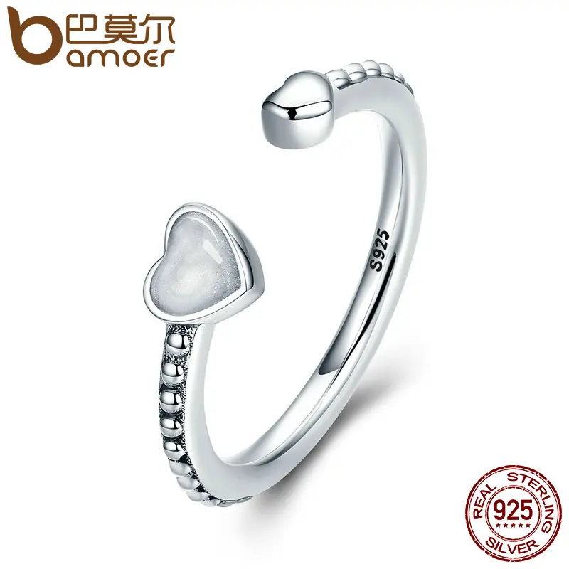 

BAMOER 100% 925 Sterling Silver Double Hearts Of Love, Silver Enamel Open Finger Rings for Women Engagement Jewelry PA7630
