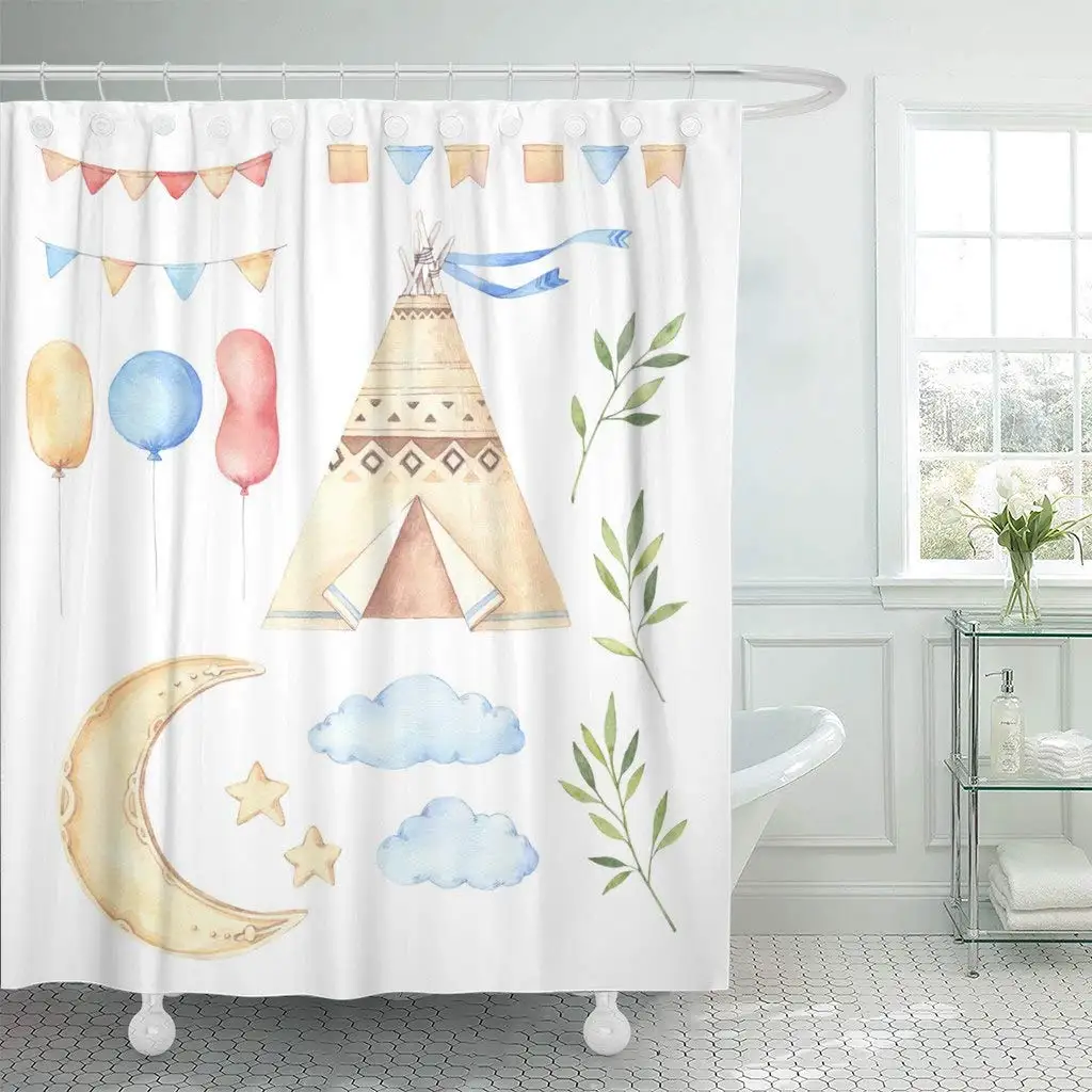 Shower Curtain with Hooks Watercolor Kids Tent Moon and Stars Balloons Floral Branches and Garlands Ideas Bathroom