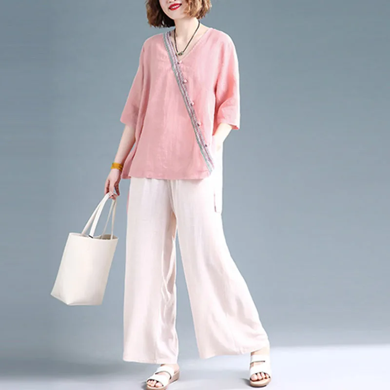 

Two Piece Set Top And Pants 2019 Vintage V-neck Half Sleeve Cotton Linen Loose 2 Piece Set Botton Summer Plus Size Women Sets