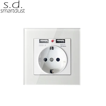 

Smartdust EU Wall Power Plug Socket With USB Outlet, Glass Dual USB Charger Wall Outlet, 16A 2100mA Electrical Wall Power Socket