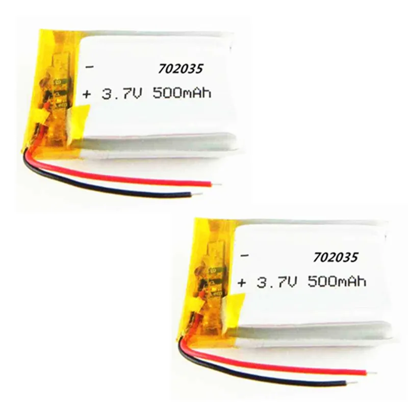 

2 pcs 3.7V 500mAh 702035 Lithium Polymer Li-Po Rechargeable Battery For Mp3 MP4 MP5 GPS PSP Pad mobile cell phone camera 7*20*35