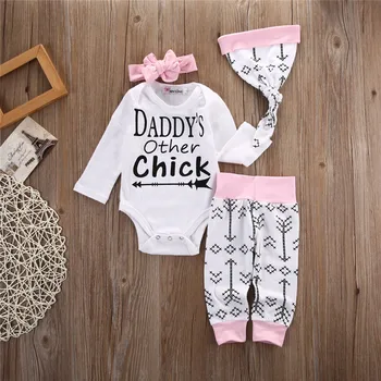 

Autumn Baby Set 4PCS Newborn Baby Little Girl Romper Arrow Daddy's Other Chick Tops +Long Pants+Hat+Headband Outfit Clothes Set