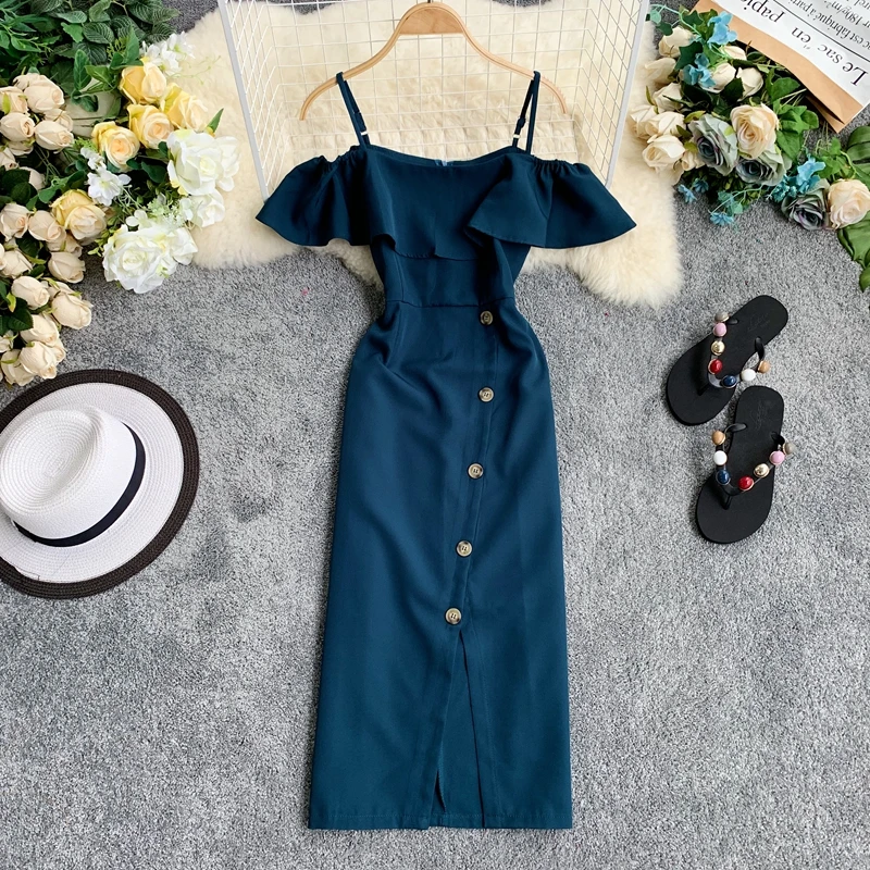 

2019 new fashion women's dresses Off-the-shoulder ruffled strap irregular single-breasted split dress