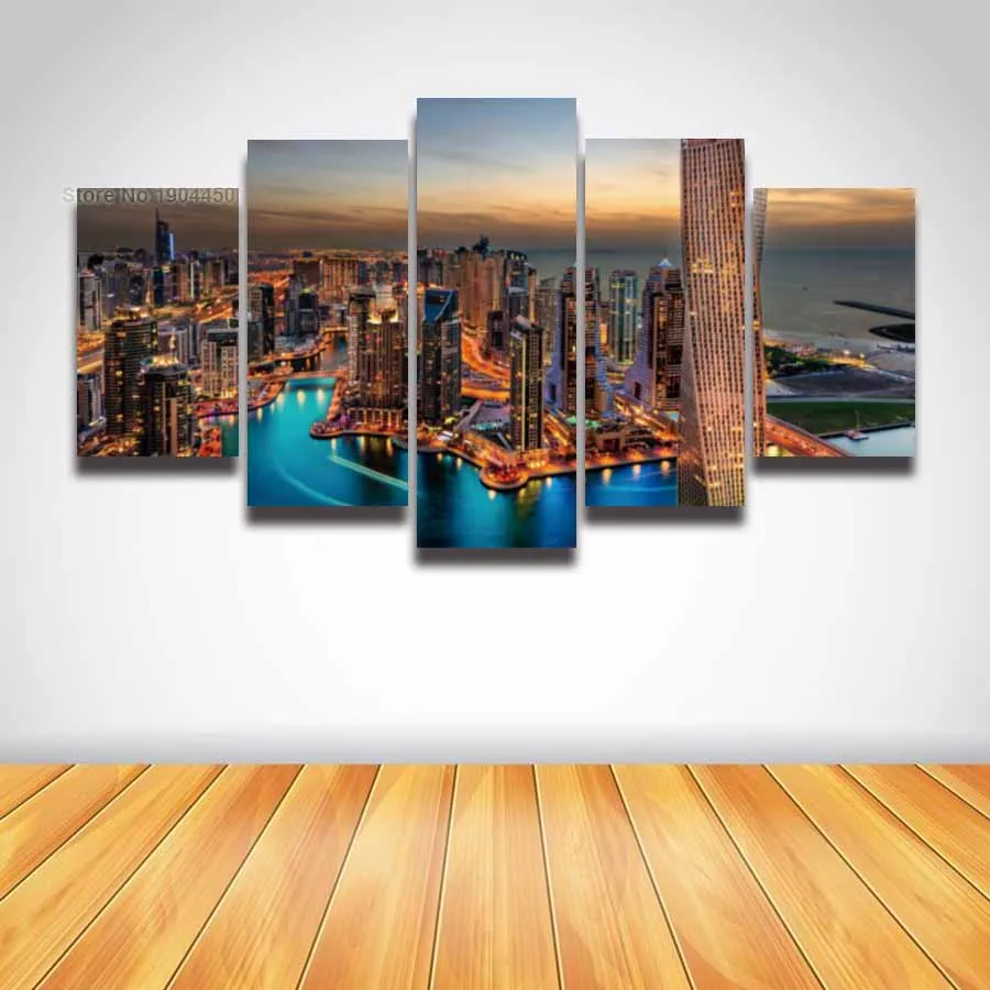 5 Panels Printed city night scenery Dubai picture canvas painting