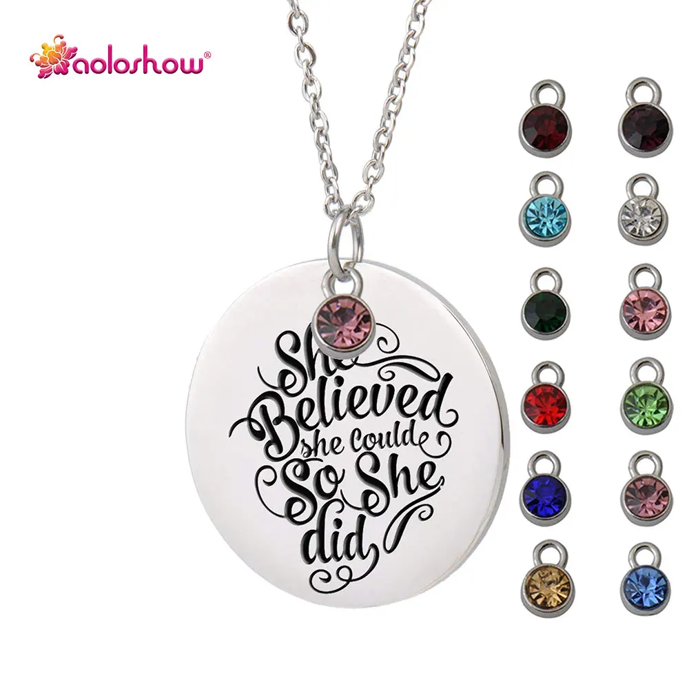 Round Disc Engraved Words of Inspirational Pendant Necklace with Your Birthstone Charm Encouragement Boys Girls  Jewelry Gifts