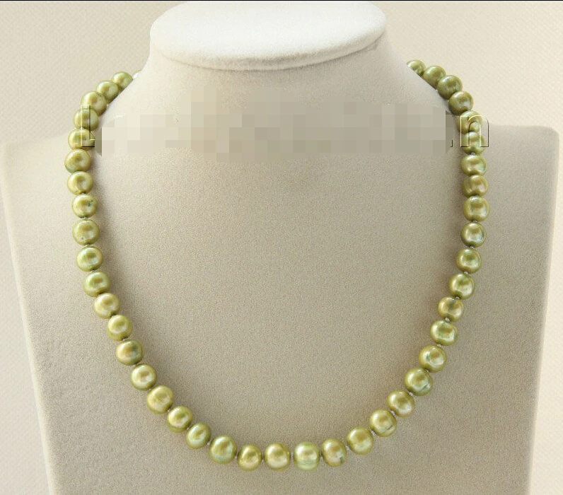 Free shipping Genuine 17" 9mm light green freshwater pearls necklace