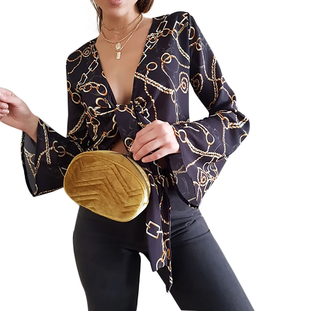 

SAGACE Fashion Blouse Top 2019 Womens Sexy Blouse Tops Deep V-Neck Printed Lace Up Short Shirt long Sleeve Shirt Casual Blouse