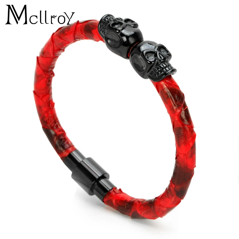 Beste Mcllroy2017 Nieuwe 6 Mm Real Snake Skin Man Armband Titanium Staal Bangle Lederen Zwarte Schedel Armband Voor Vrouwen Lovers Gift