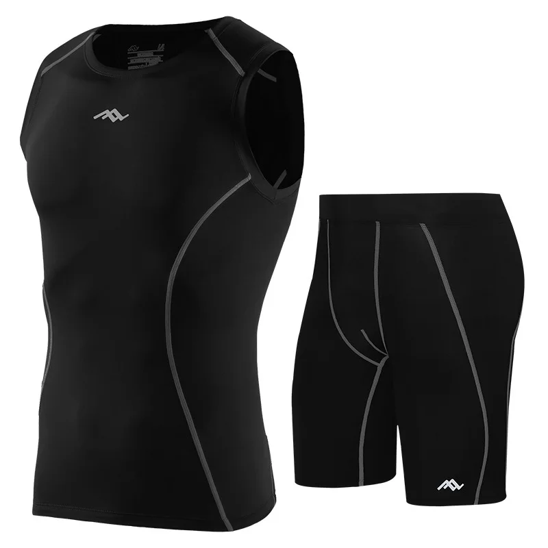 Летние мужские футболки без рукавов, штаны, компрессионный комплект, спортивный костюм, облегающие леггинсы для бега