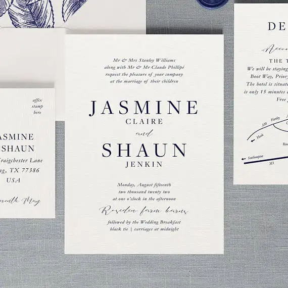  Flat Navy Blue and White Wedding Invitations - 32846889977