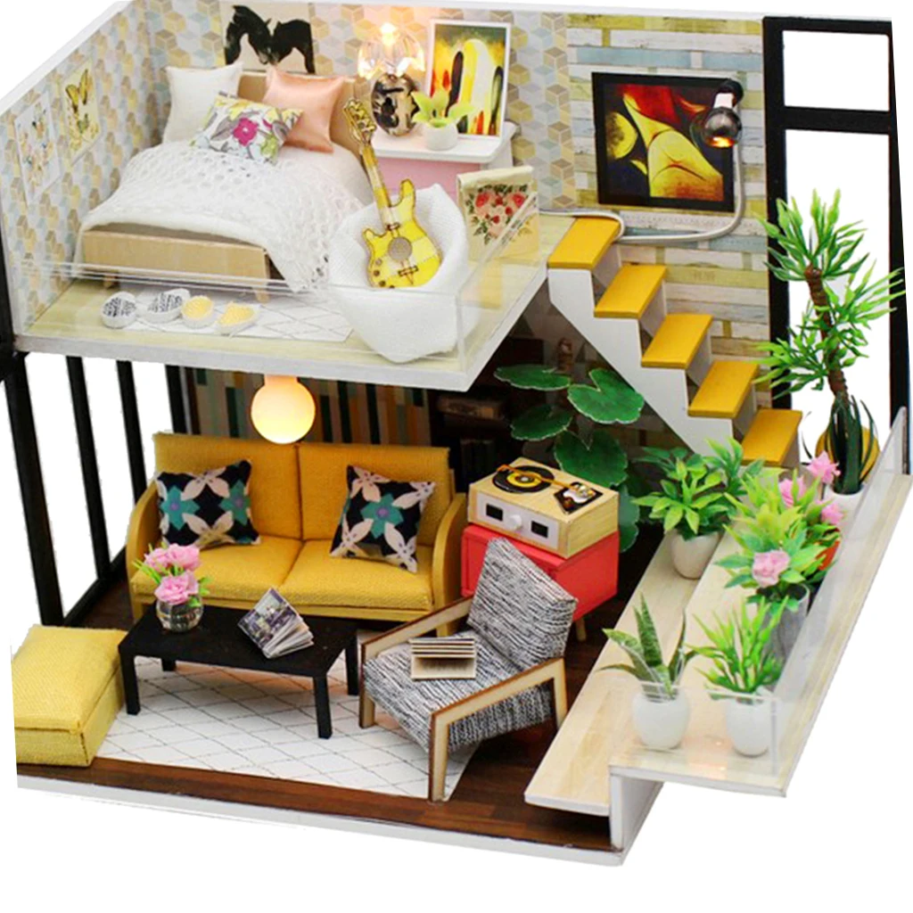 DIY Loft Apartments Dollhouse Wooden Furniture LED Kit Children Puzzle Toy Dollhouse Assemble Accessories