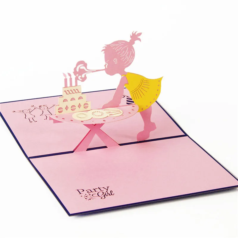  Happy Birthday Postcard Greeting Gift Cards 3d Handmade Pop Up Laser Cut Girl Blowing Candles Card  - 32956873639