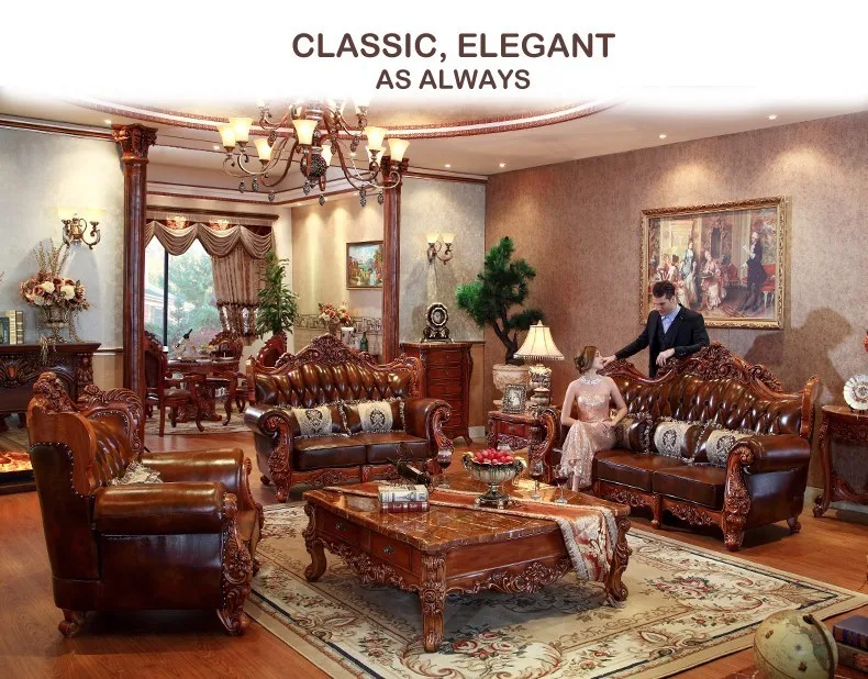 Morder антикварная роскошь классический европейский стиль твердой древесины кожаный диван набор мебели для гостиной